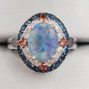 Triplet Opal, Garnet, London Blue Topaz, Zircon Rhodium 925 Sterling Silver Ring